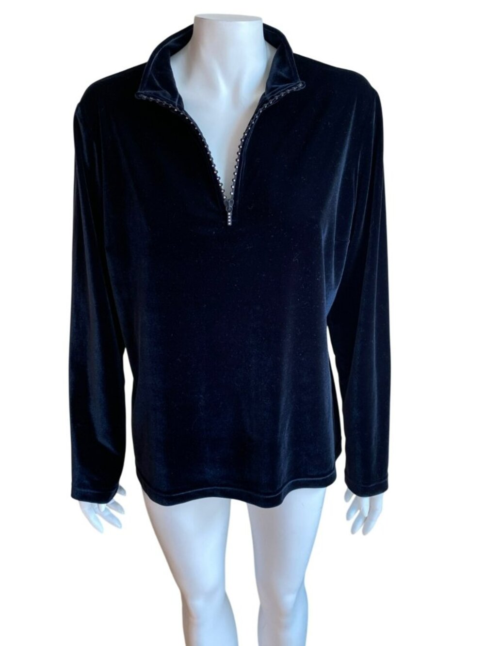 St John Sport Black Velour Quarter Zip Shirt Top Long Sleeve Rhinestone Large - Picture 2 of 7